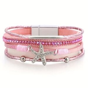 Pink Multi Layer Starfish Crystal Magnetic Bracelet